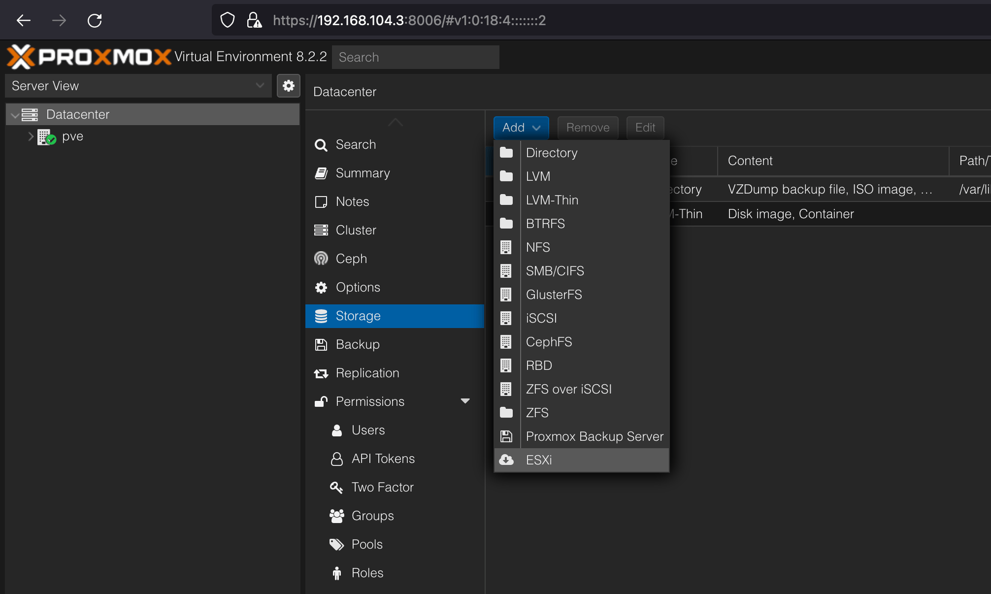 於Proxmox VE 新增ESXi Import Source Storage