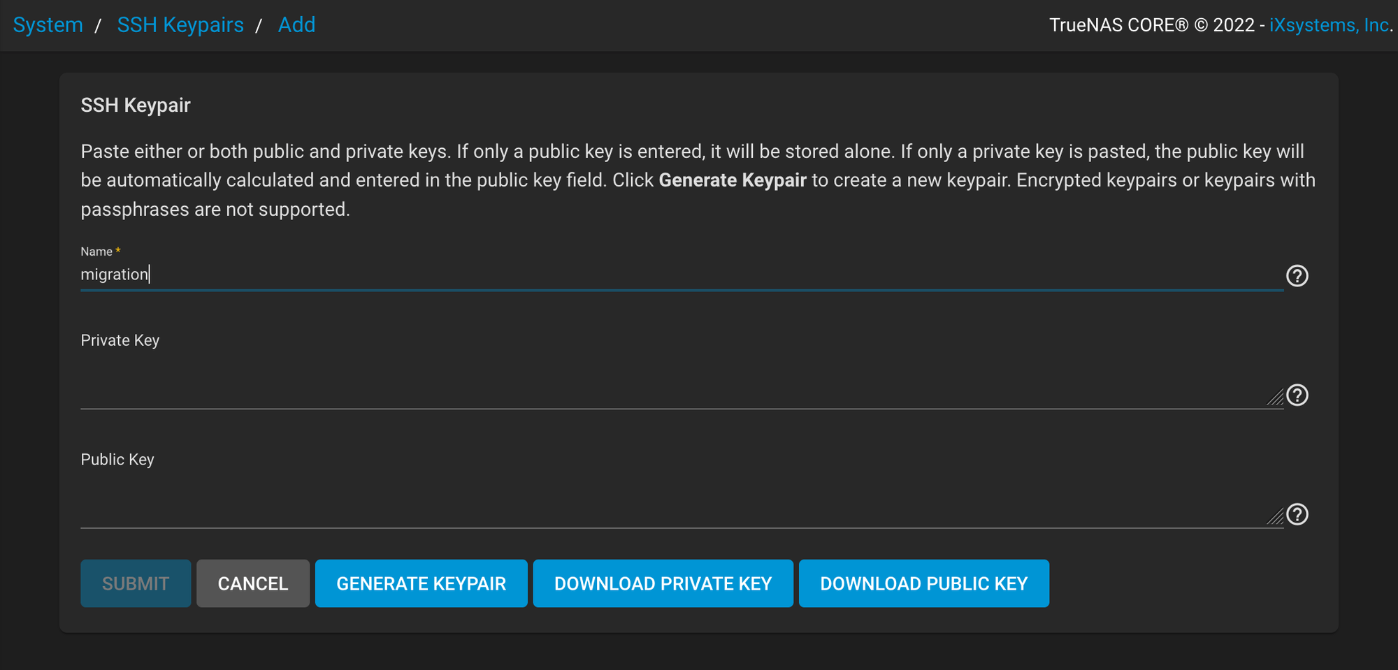 於SSH Keypairs form 填Name